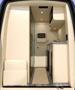 rear full bathroom and kitchen in the ultimate RV custom sprinter